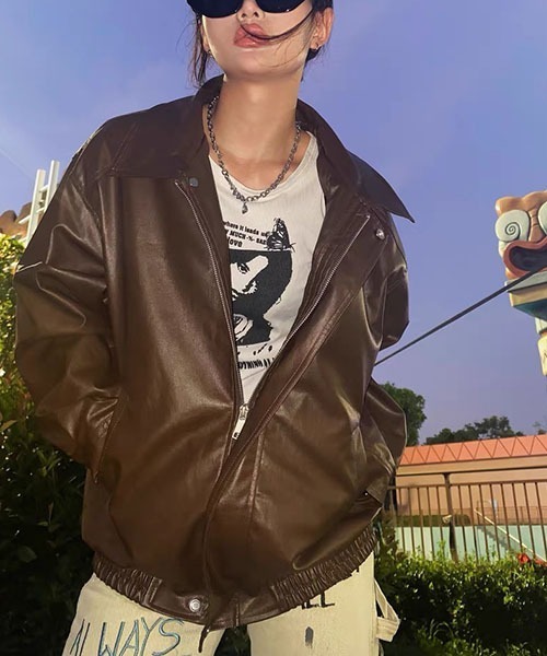 セール】Y2K PUレザー ZIPデザイン オーバーサイズブルゾン ジャケット