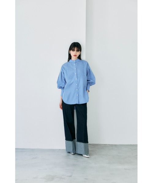 Wonderful World ブロードピンタック遣い長袖ブラウス・ブルーグレー