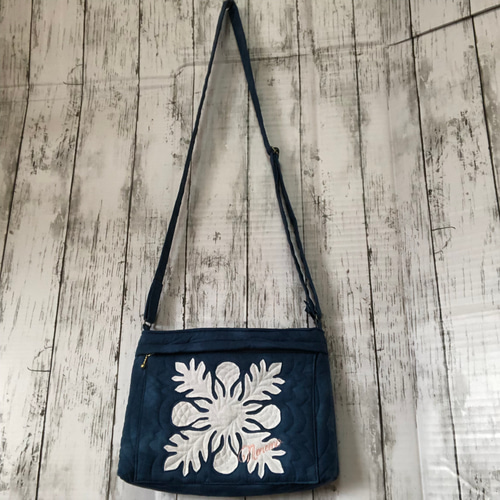 ハワイアンキルト ショルダーバックタイプB 白ネイビー ショルダー