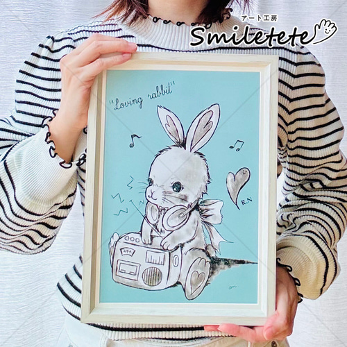 恋するうさぎちゃんA4複製画 ラメ加工 イラスト 手書きサイン入り 絵画