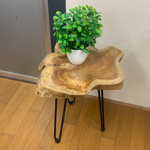 送料無料】チーク 切り株 木目天板 鉄脚テーブル サイドテーブル