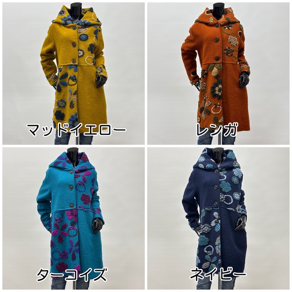 人気商品【イタリア製】パネルマルチ花柄圧縮ウールコート/フード襟