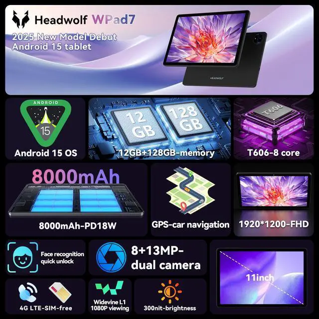 Headwolf Wpad7 2025 Newest Android 15 Tablet, 8 Core 11 Inch FHD
