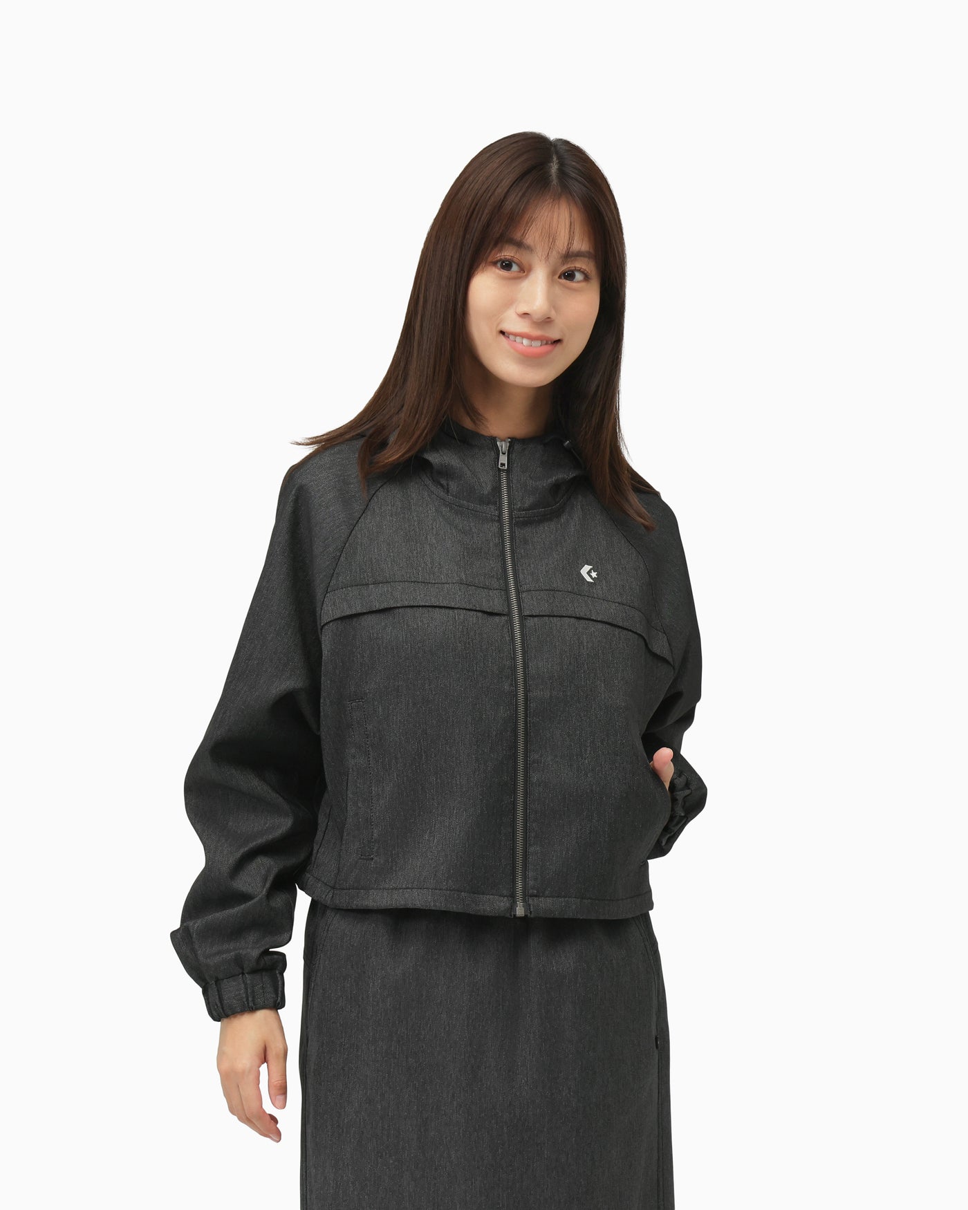 SYNTHETIC DENIM HOODED JACKET LADIES (ブラック)– コンバース