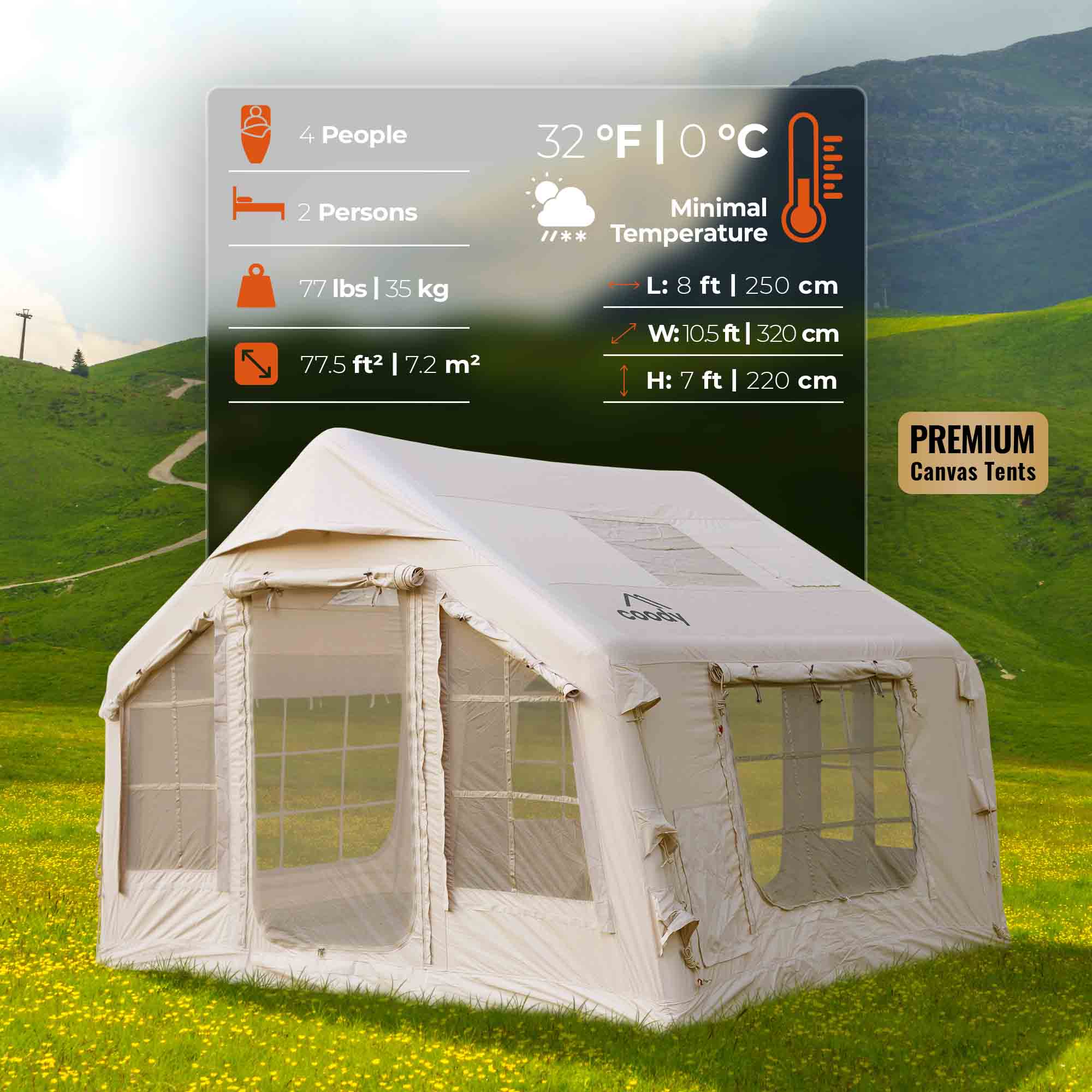 Coody 8 Inflatable Tent with Stove Jack for 1-4 person (Beige)