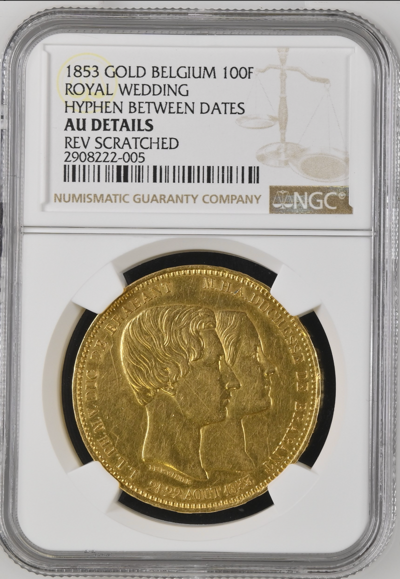 1853年ベルギー レオポルト1世皇太子御成婚記念100フラン金貨(NGCAU