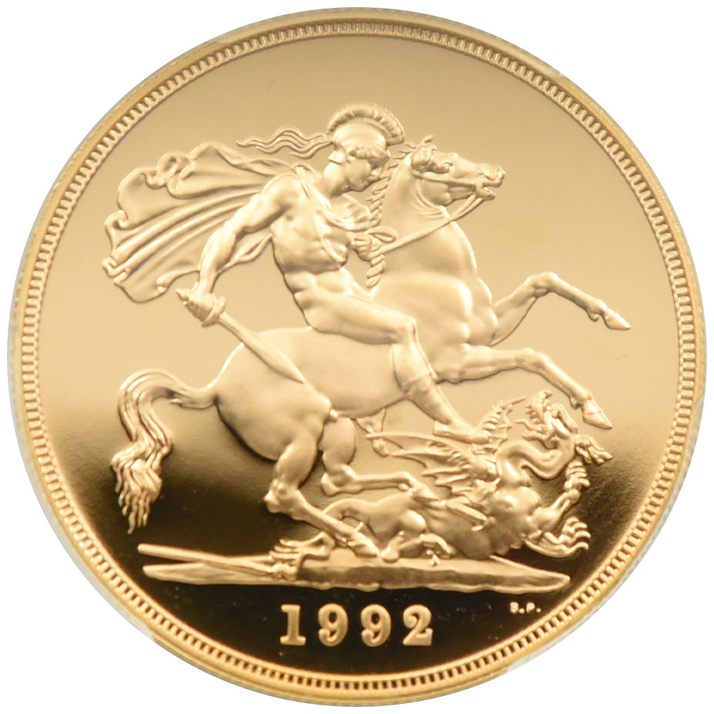 イギリス 1992 エリザベス2世 5ポンド 金貨 PCGS PR68DCAM 聖ジョージ