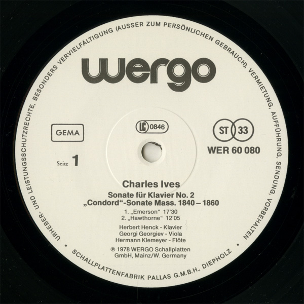 アイヴズ ピアノソナタ1番 ヘルベルト・ヘンク WERGO