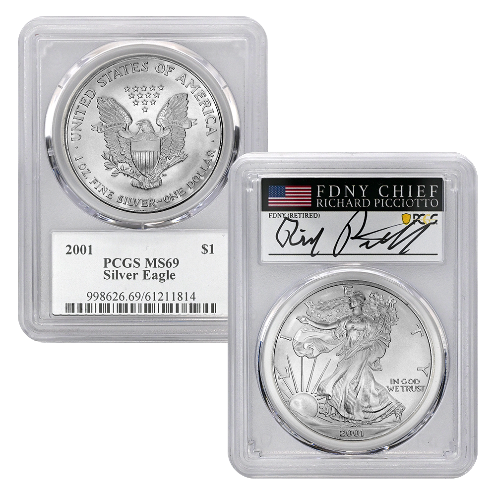 9/11 Tribute 2001 MS69 Silver Eagle - NYFD signed | US Coins