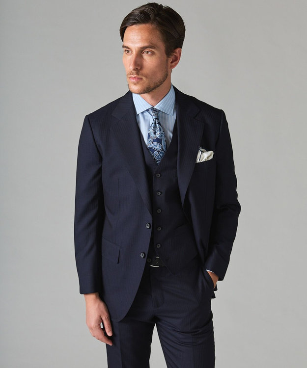 御幸毛織】Superio160 ウールカシミヤ スーツ（ネイビーストライプ