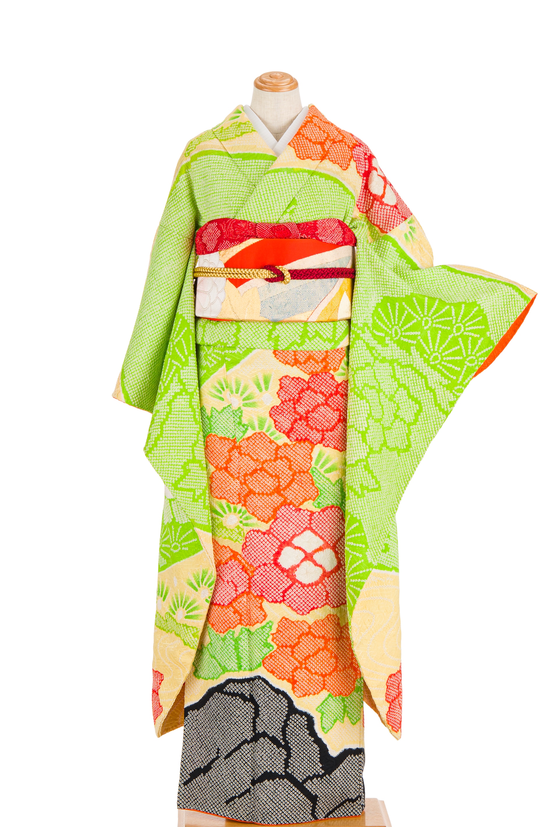 振袖 総絞り 牡丹と松 - からん::アンティーク着物・リサイクル着物の