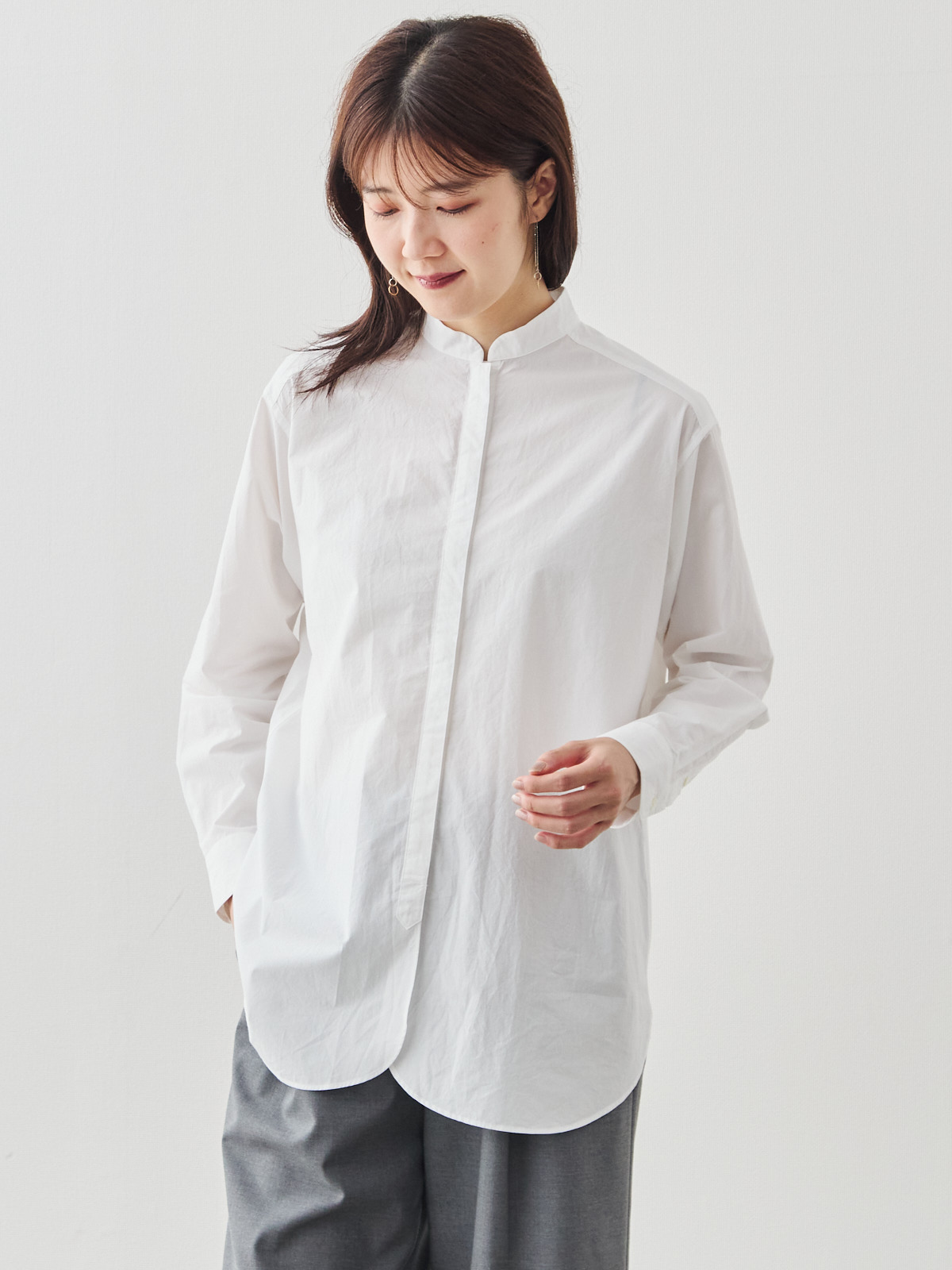 近江晒コットン100%バンドカラーシャツ/ホワイト | Factelier