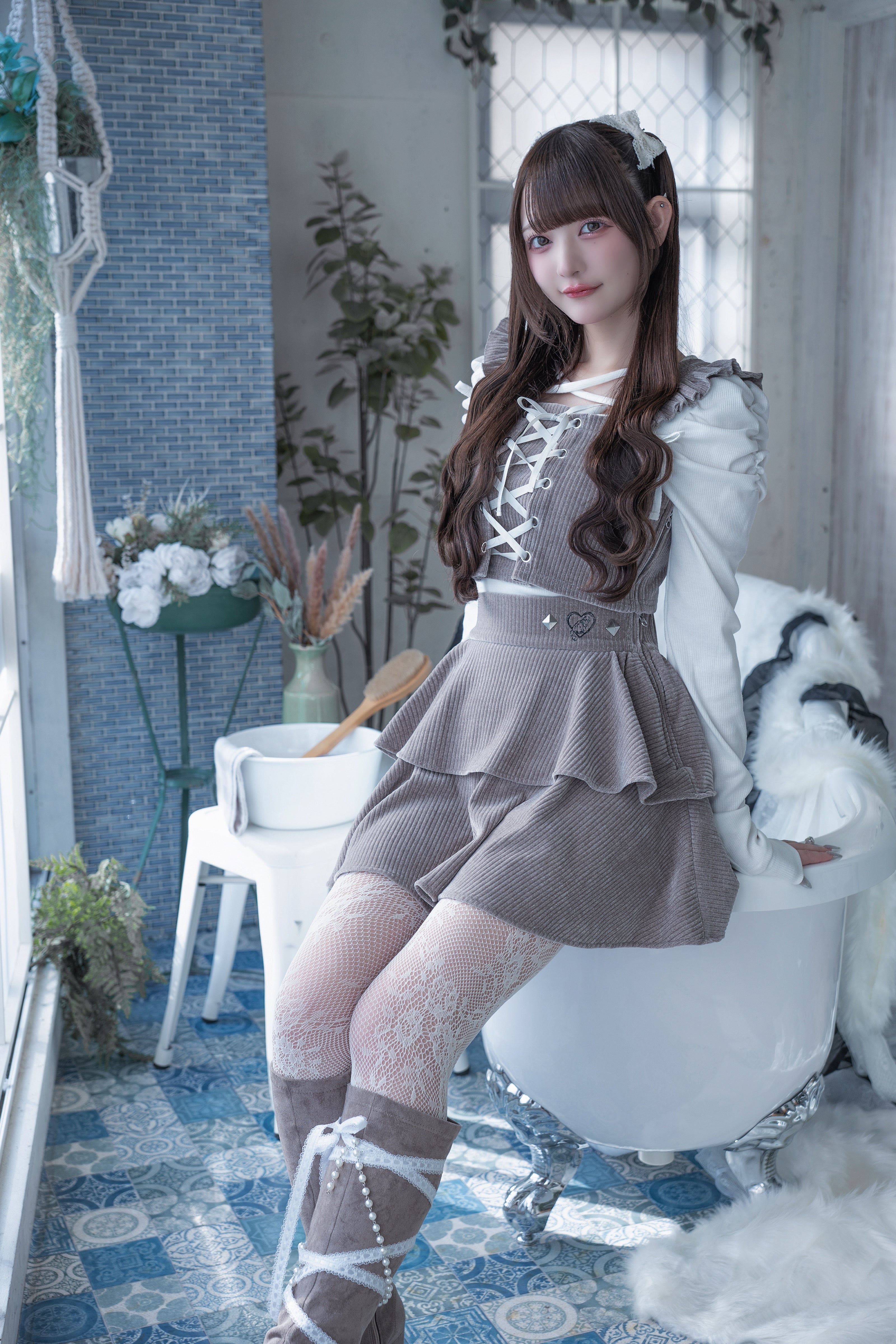 frill knit setup brown