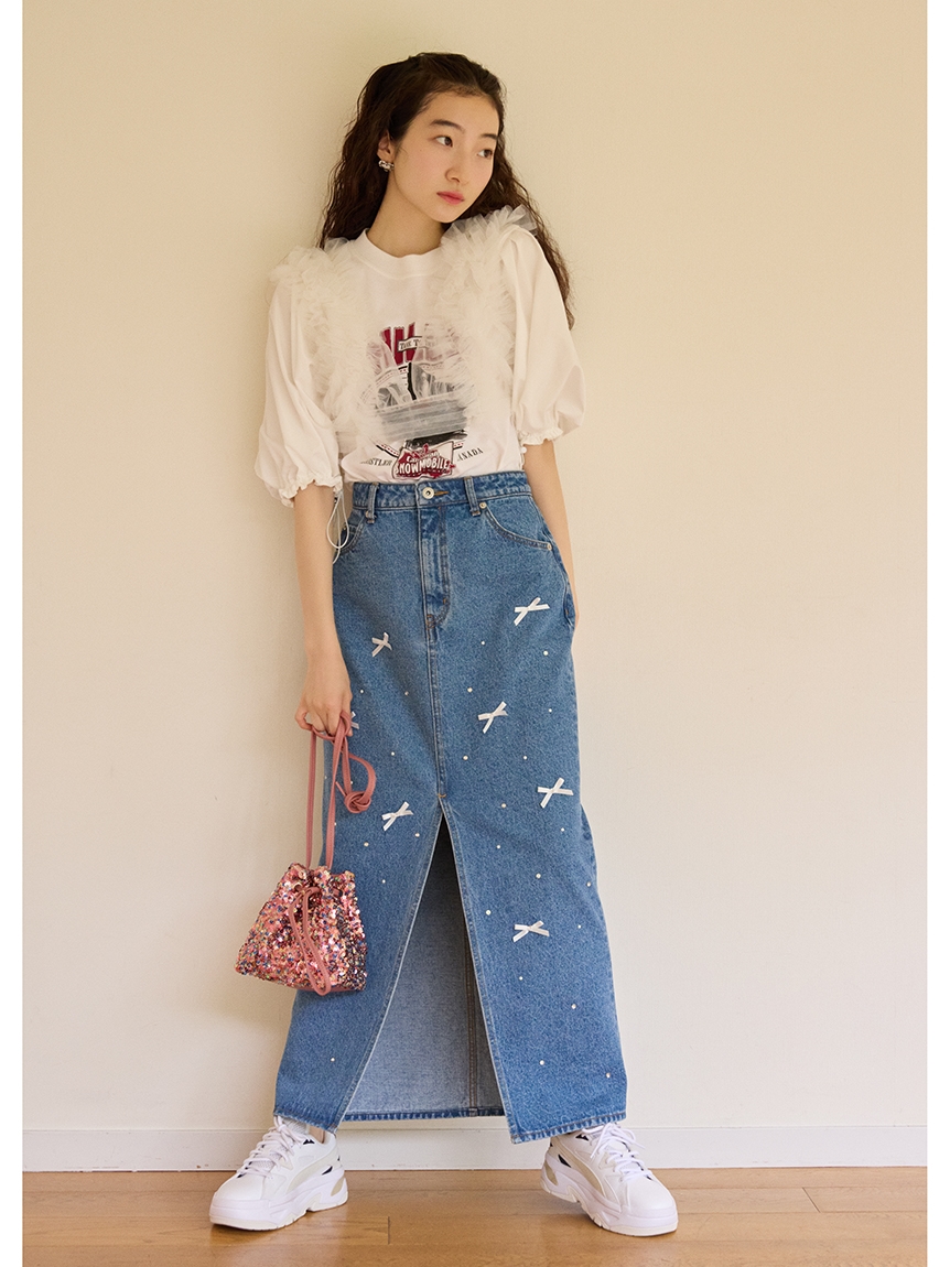 WEB限定】[L.B CANDY STOCK]リボンビジューデニムタイトスカート