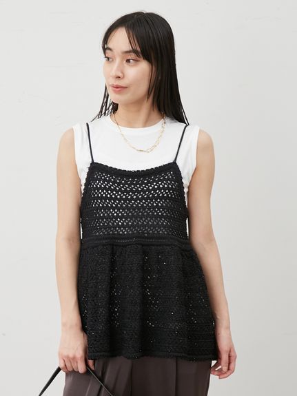 ウォッシャブル】クロシェニットキャミ×ノースリトップス(ニット