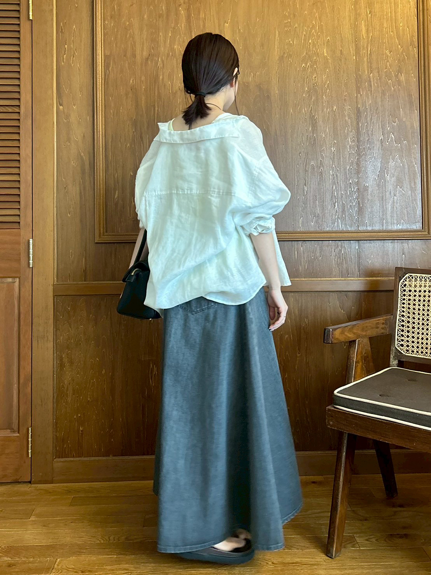 後ろゴムマチデザインフレアデニムスカート【ウォッシャブル】(膝丈