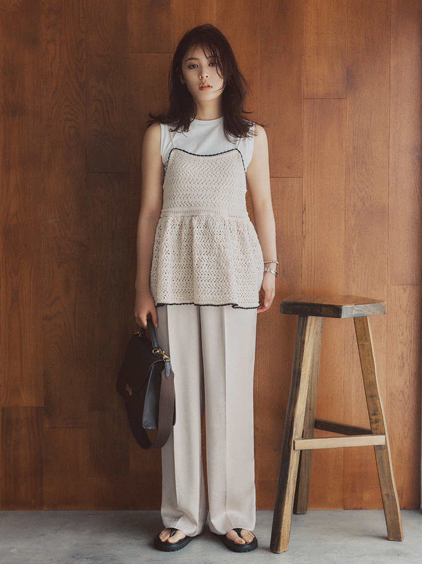 ウォッシャブル】クロシェニットキャミ×ノースリトップス(ニット