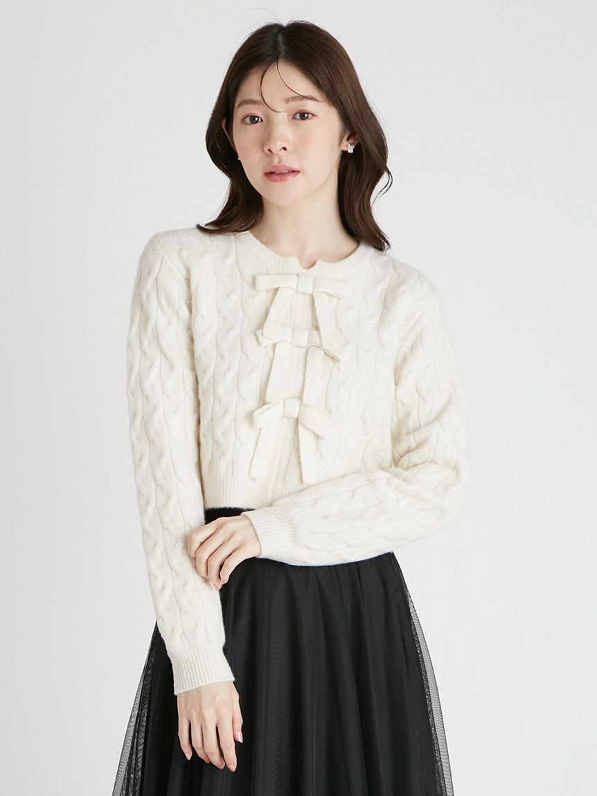 リボンモチーフケーブルニットプルオーバー(ニットプルオーバー)｜TOPS