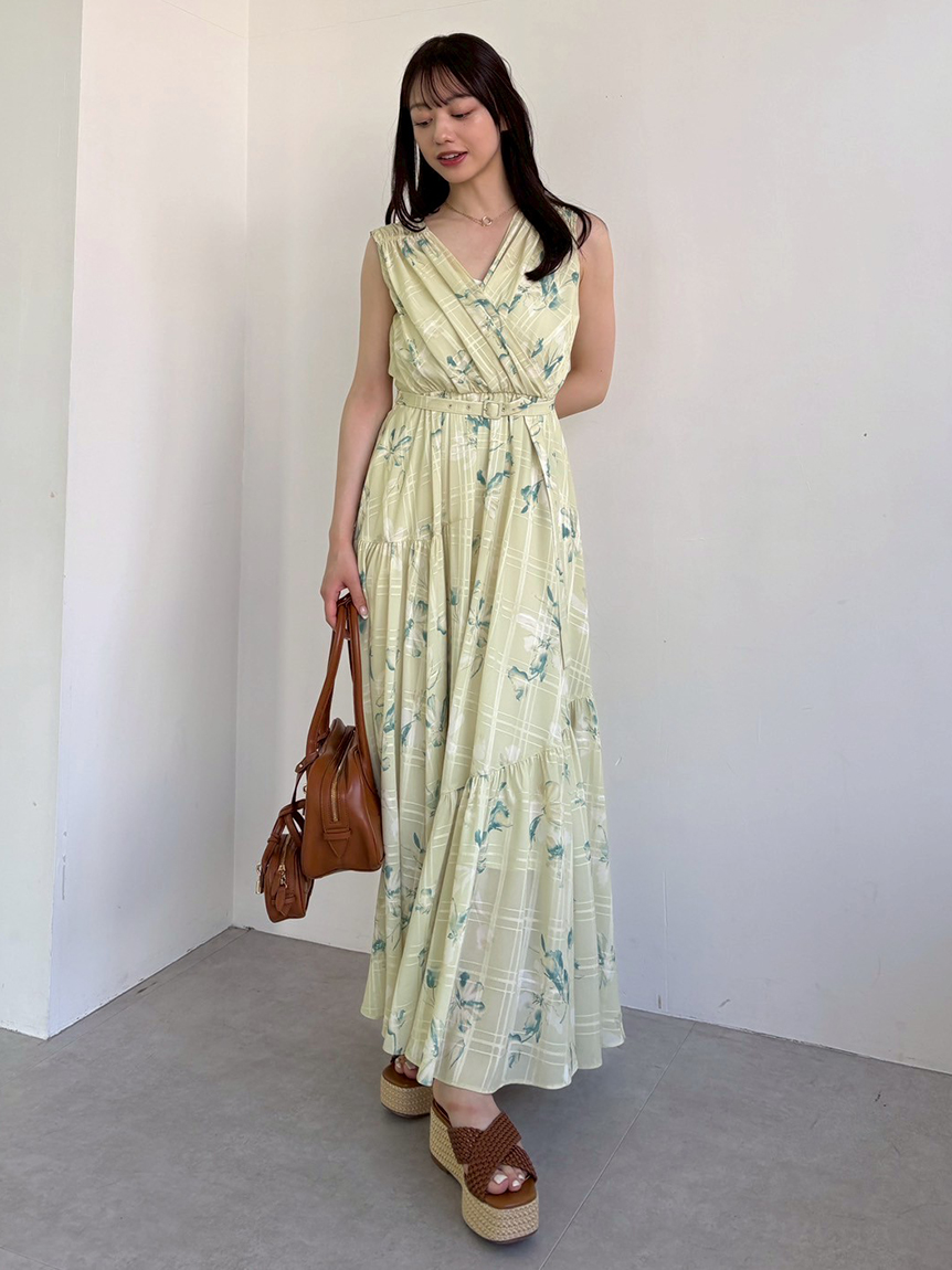 フラワープリントカシュクールワンピース／接触冷感(マキシ・ロング