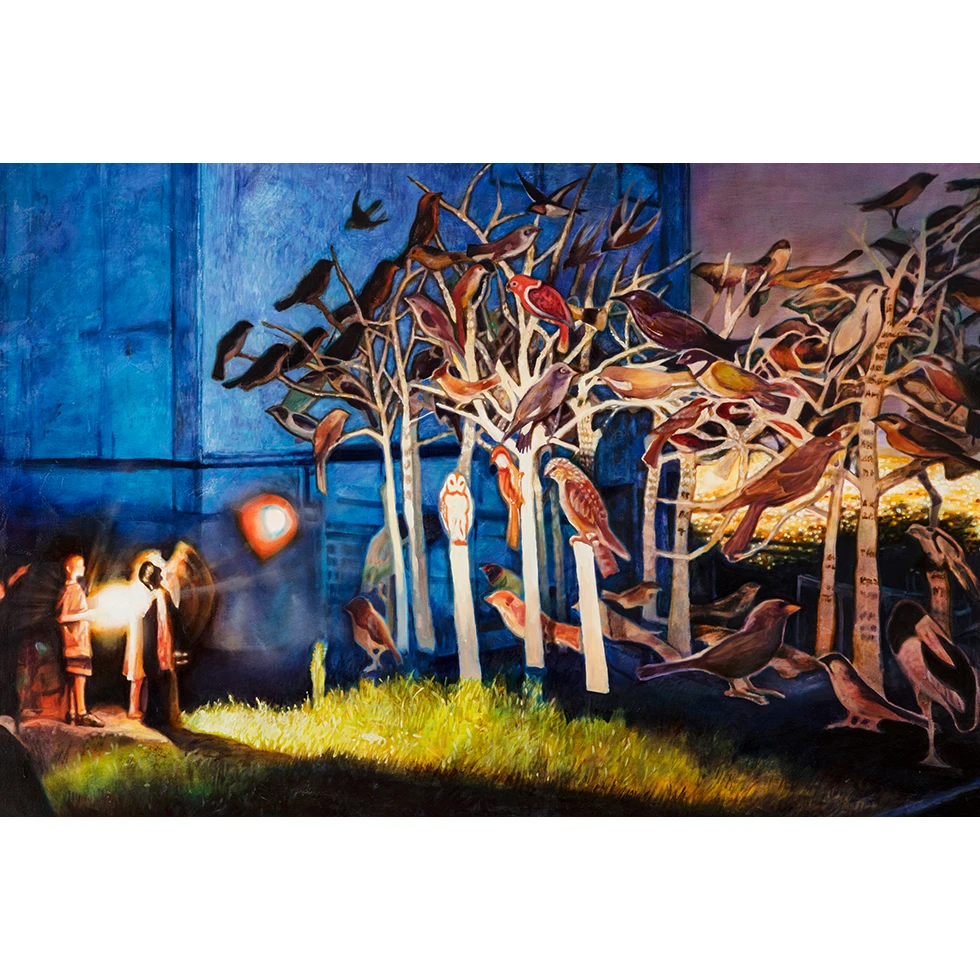 油絵 専用 旅に出る決意をする鳥の家族 油絵 専用 旅に出る決意をする