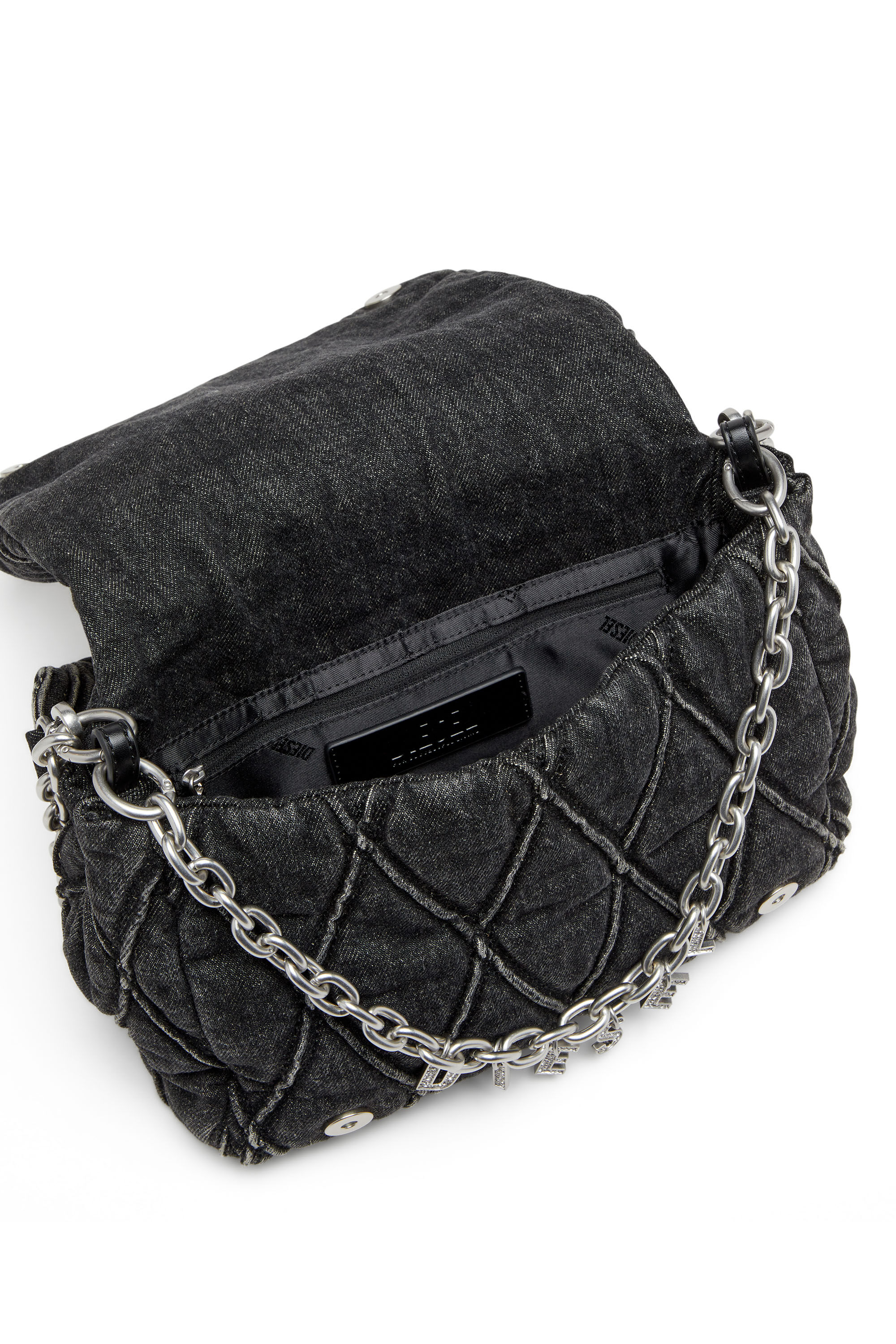 Women's Charm-D Shoulder M bag in quilted Denim | Black | Diesel