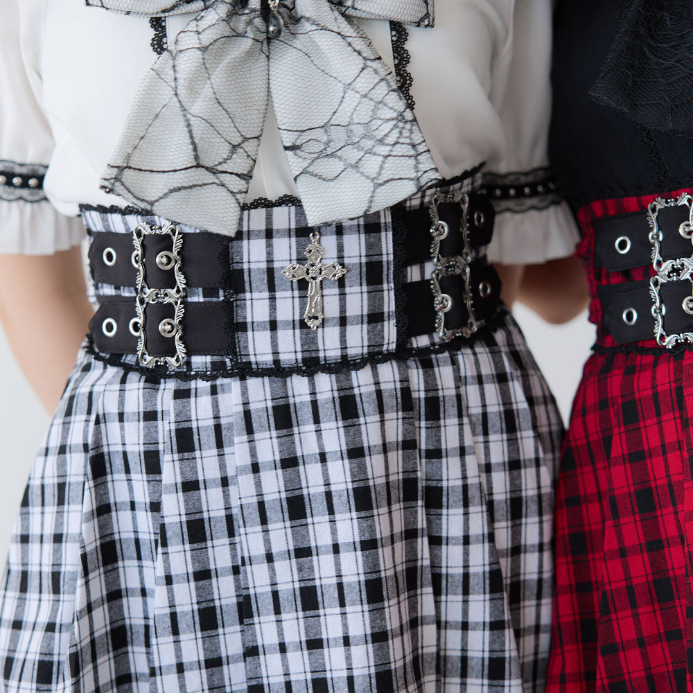 十字架チャームレースフリルプリーツスカート【無地orチェック