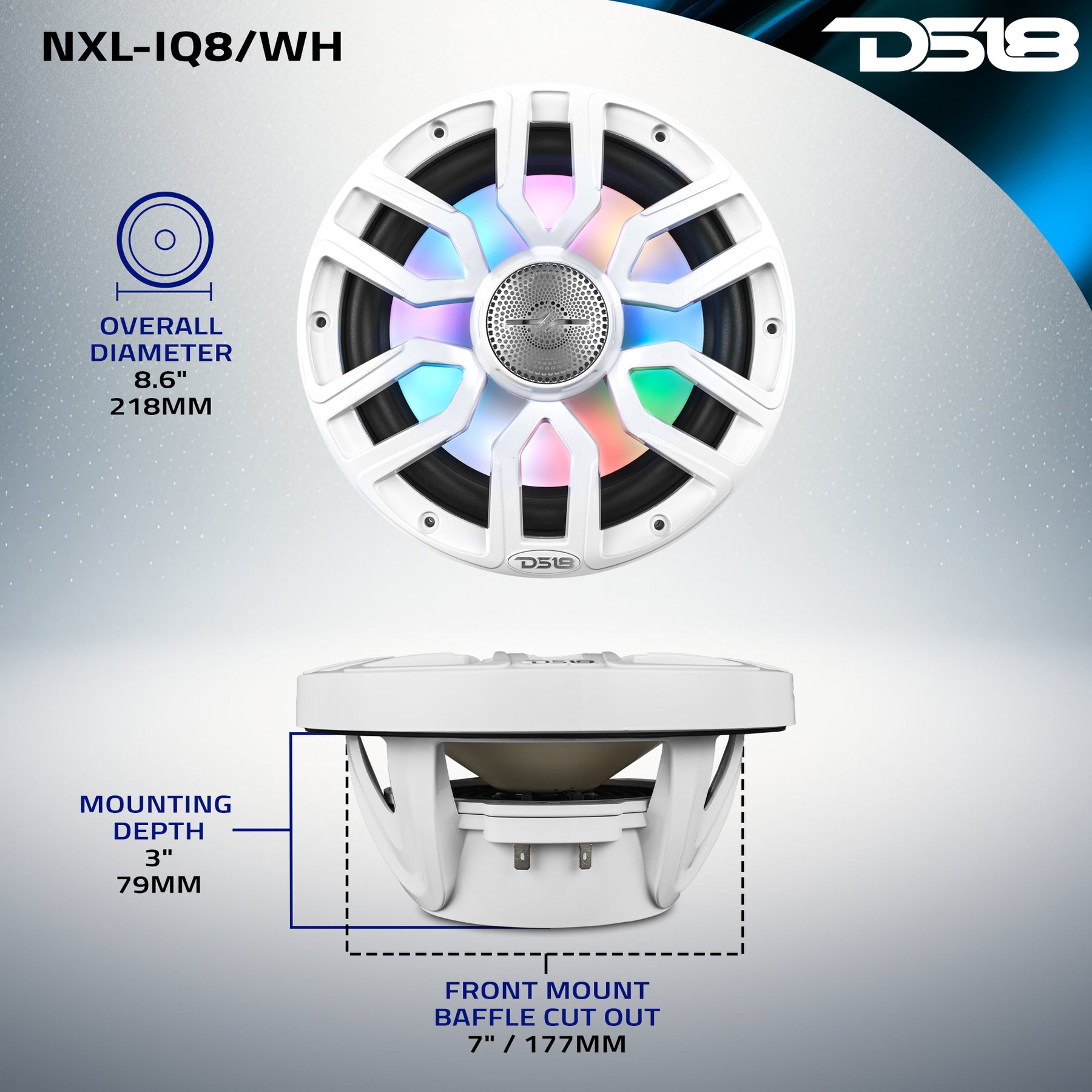DS18 8” Marine Grade Coaxial Speaker with LED Lights and Bullet