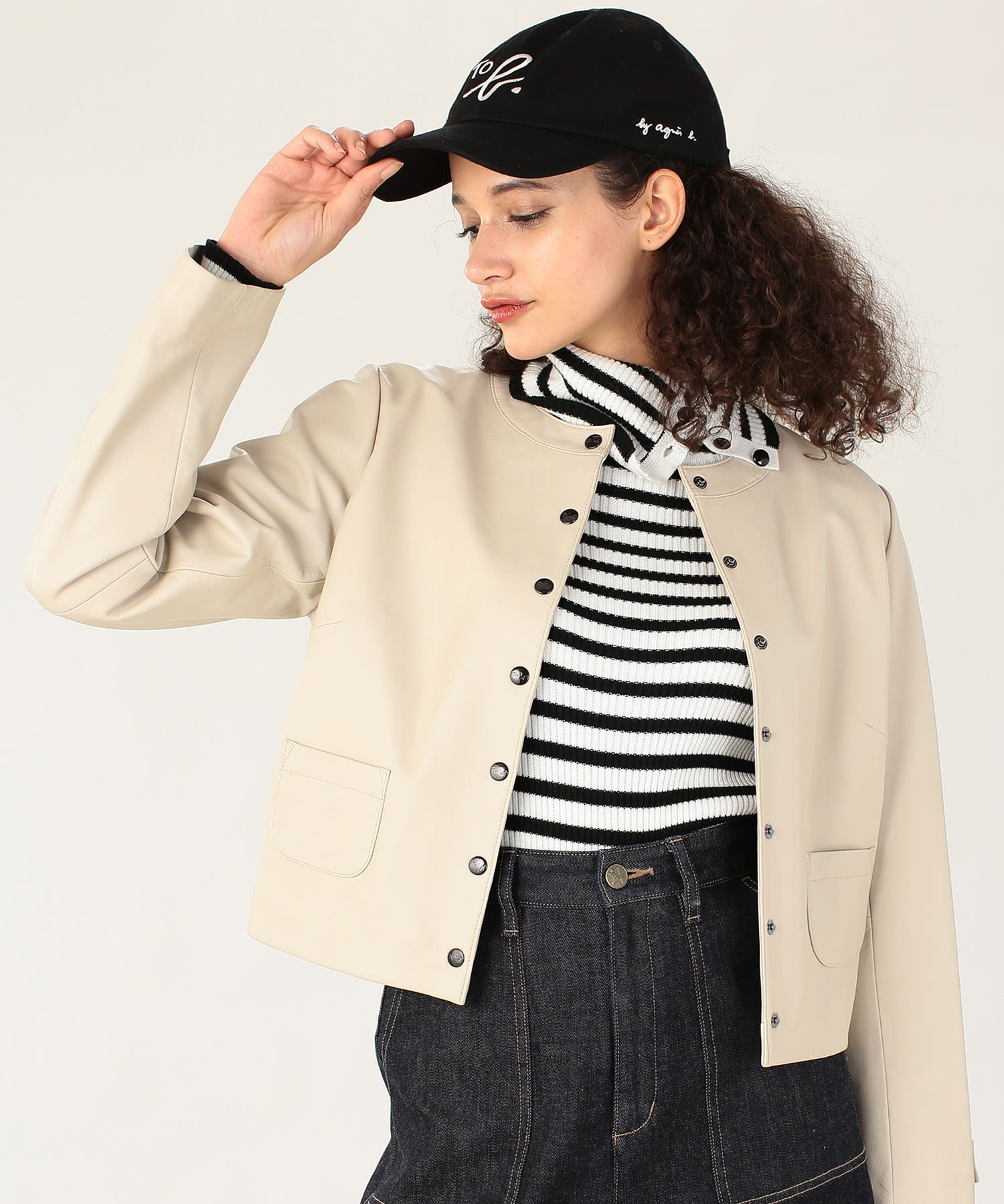 レザー ノーカラー ジャケット 