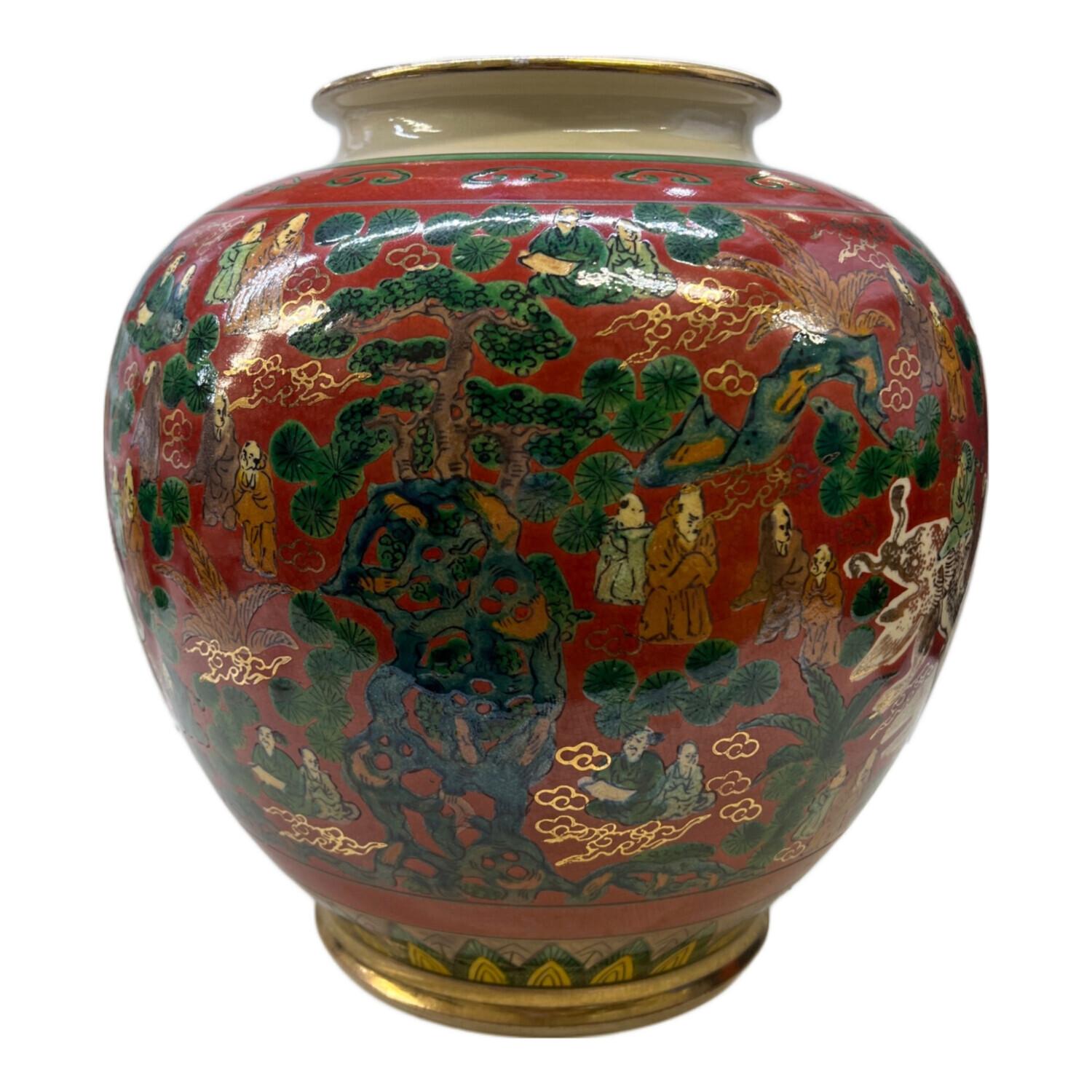 明治期 九谷焼 青手花生 アンティーク 共箱0806 明治期 九谷焼 青手