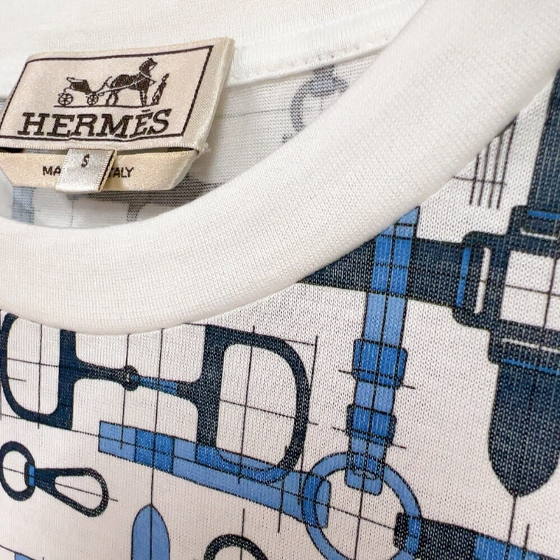 エルメス HERMES 総柄プリントTシャツ ホワイト/ブルー コットン