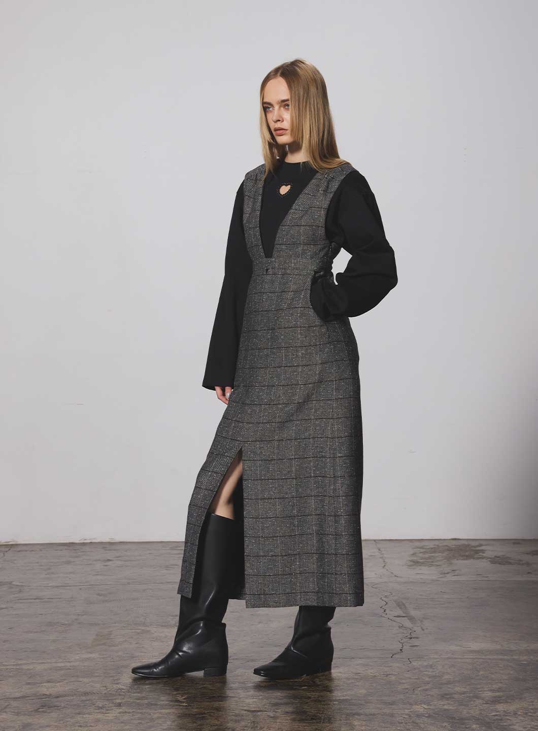 COEL Online StoreチェックツイードVネックジャンスカ(36 グレー): DRESSES