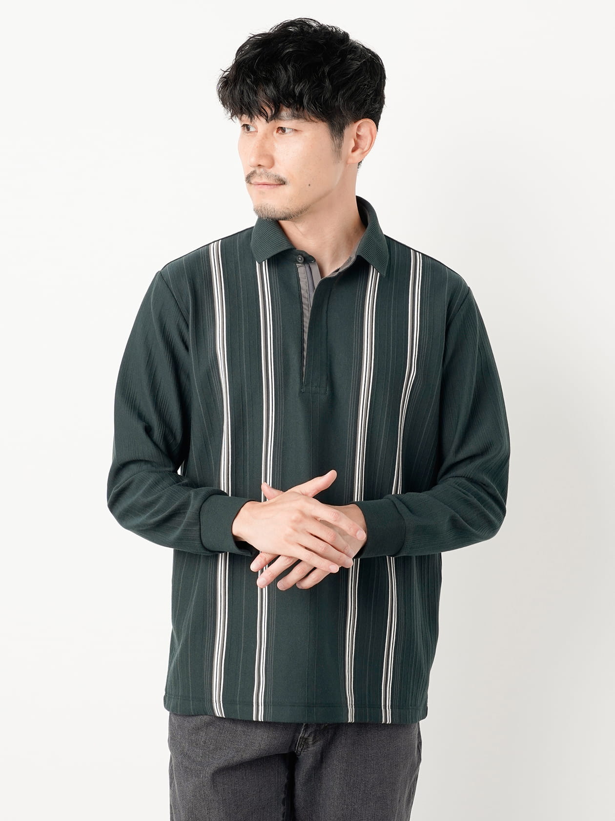 スペシャルプライス】ランダムタックストライプ長袖ポロシャツ