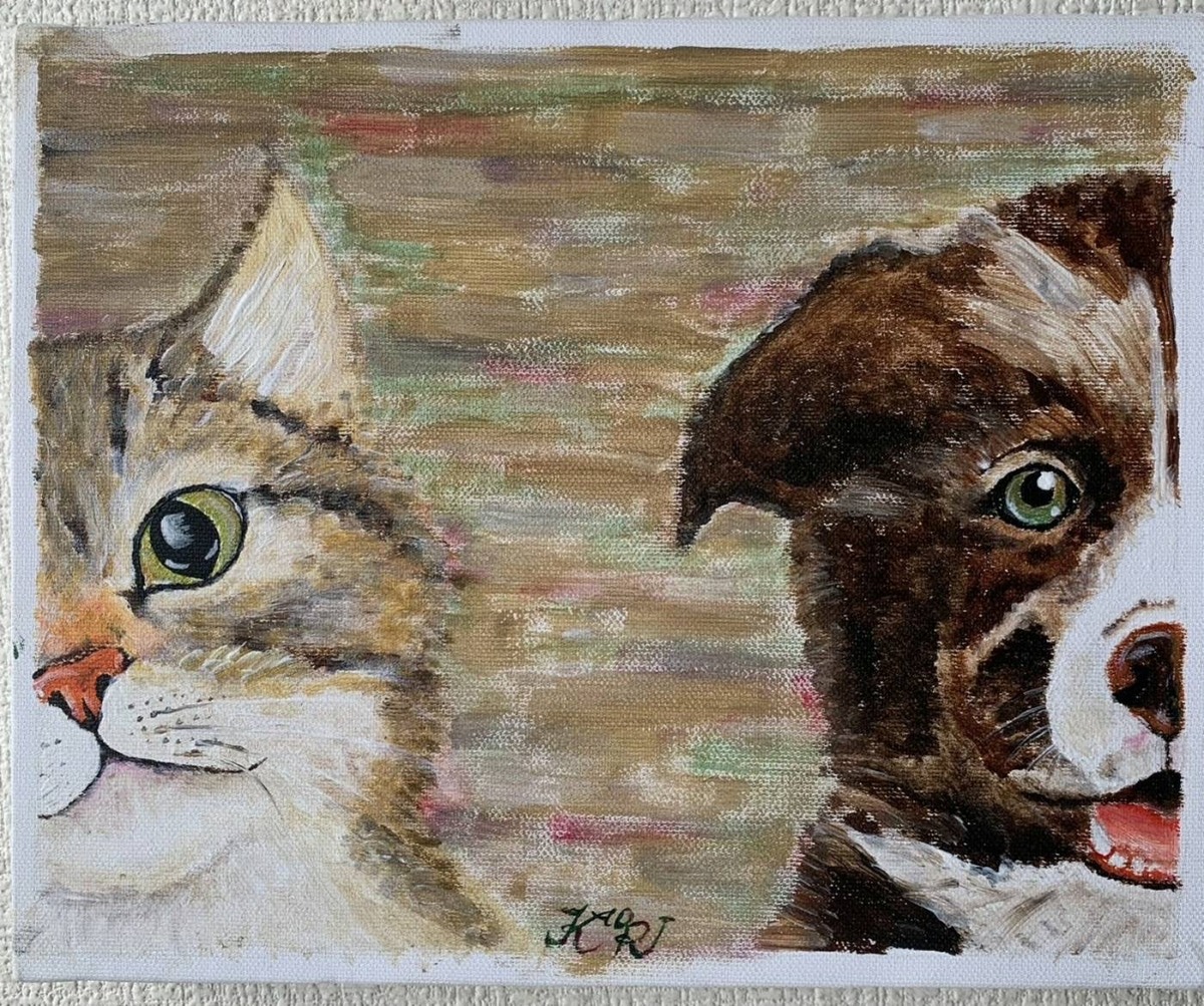 油絵 菅家令子絵 絵画インテリア額付(淡い銀青緑)F3-030919虹子猫犬