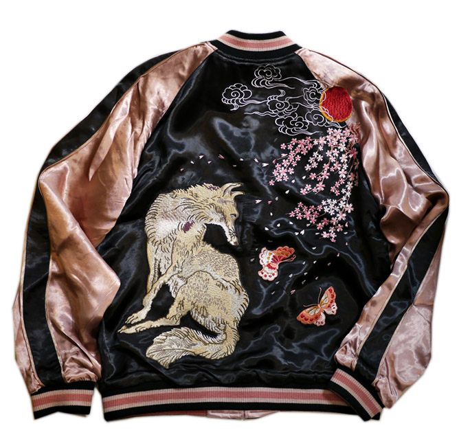 花旅楽団 [ 桜と狐 ] 刺繍 リバーシブルスカジャン SSJ-552 ブラック