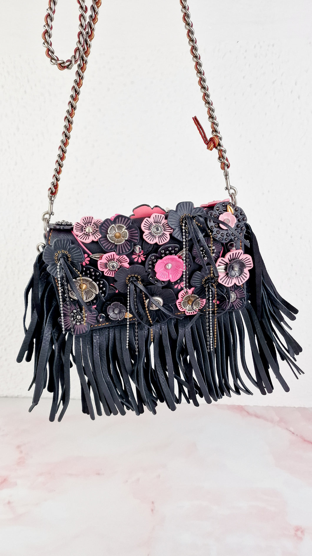 Coach 1941 Dinky With Wild Tea Roses & Fringe in Black & Pink