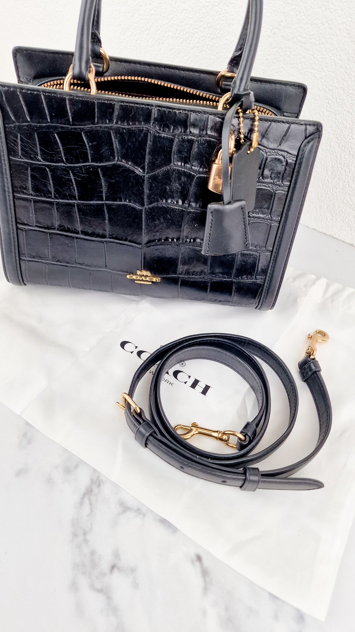 Small Coach Zoe Carryall Handbag in Croc Embossed Black Leather