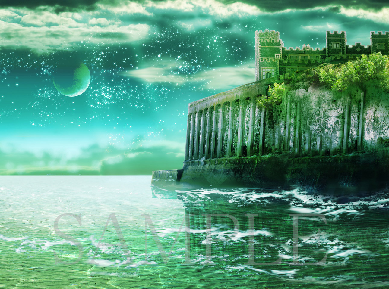 オリジナル背景サンプル/湖に浮かぶ城］イラスト | 株式会社イー