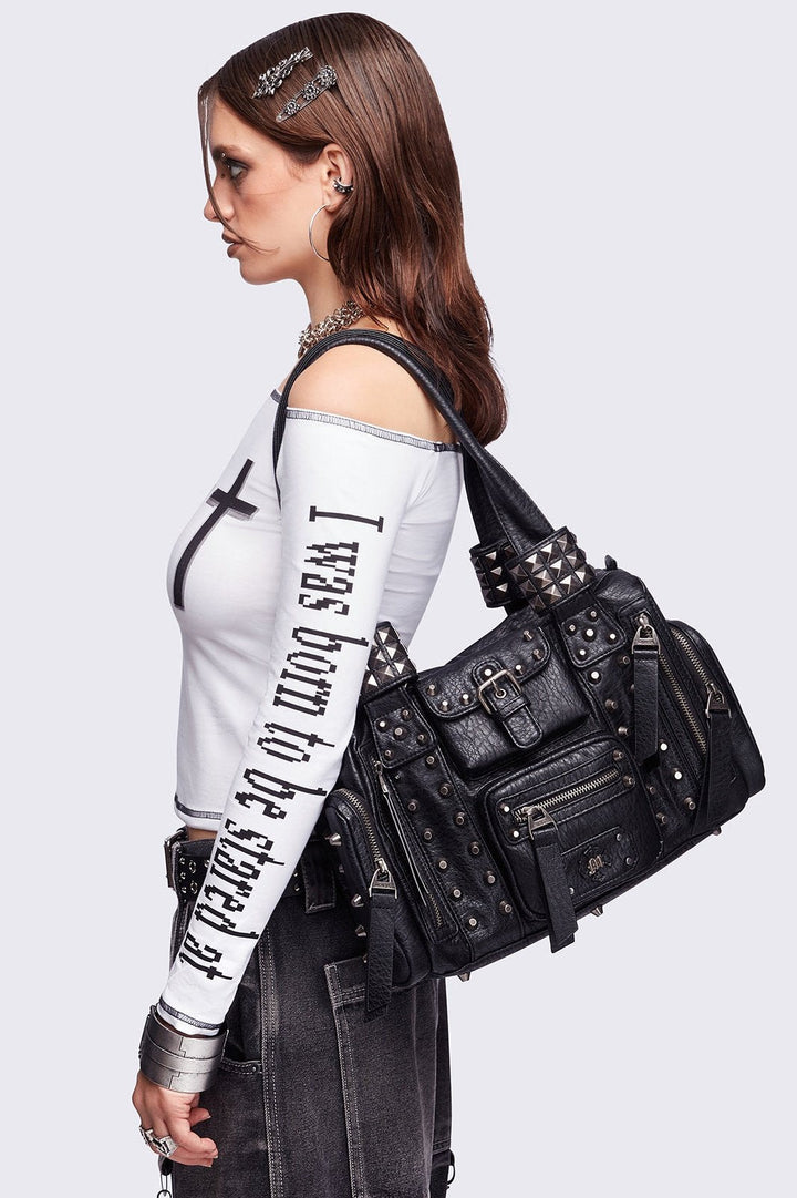 Faux Leather Spiked Multipocket Shoulder Bag in Black | Minga