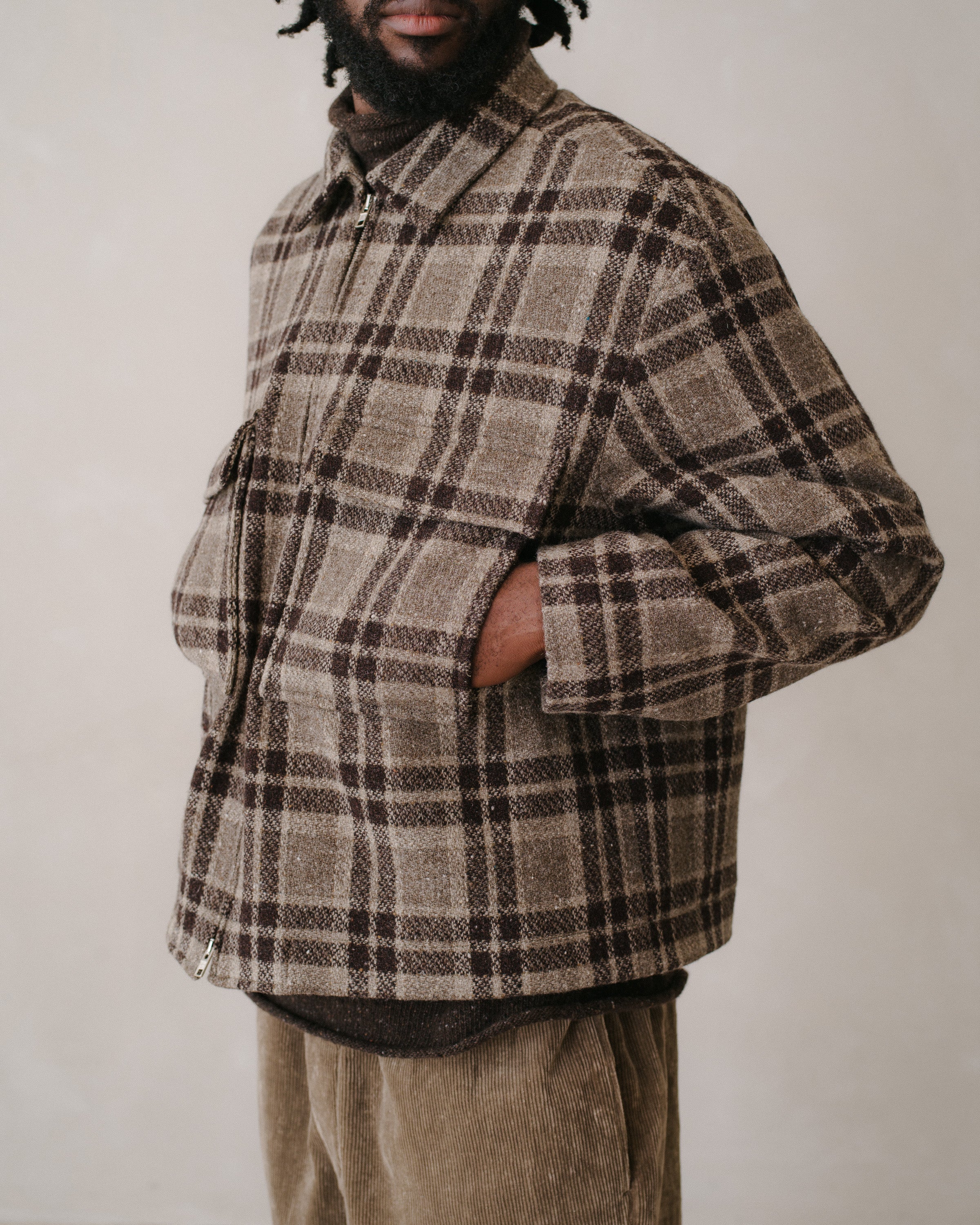 Zip Jacket - Yarn Dyed Wool Check, Beige/Brown – evan kinori