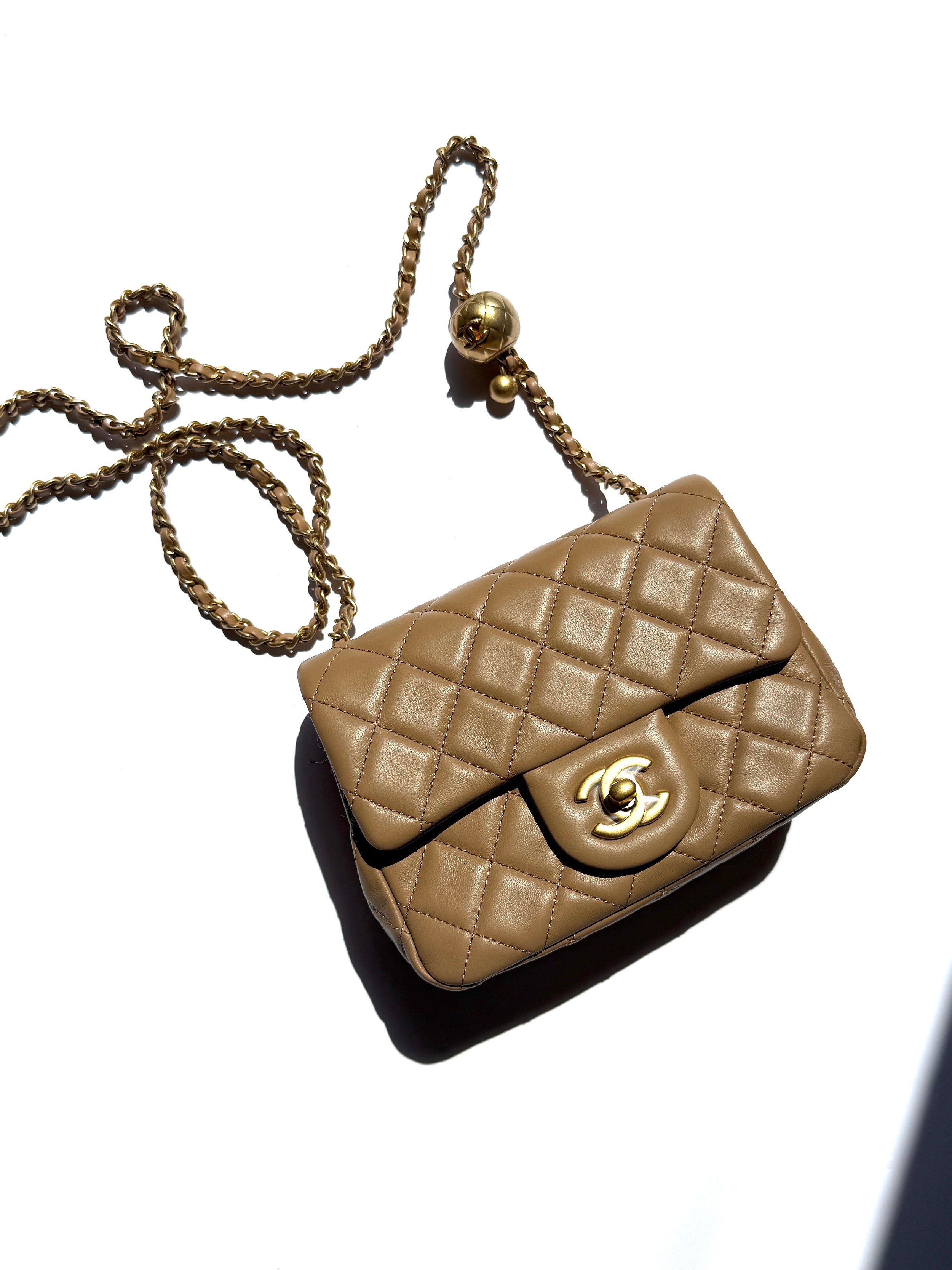 New CHANEL Mini Pearl Crush Lambskin Quilted Dark Beige Flap