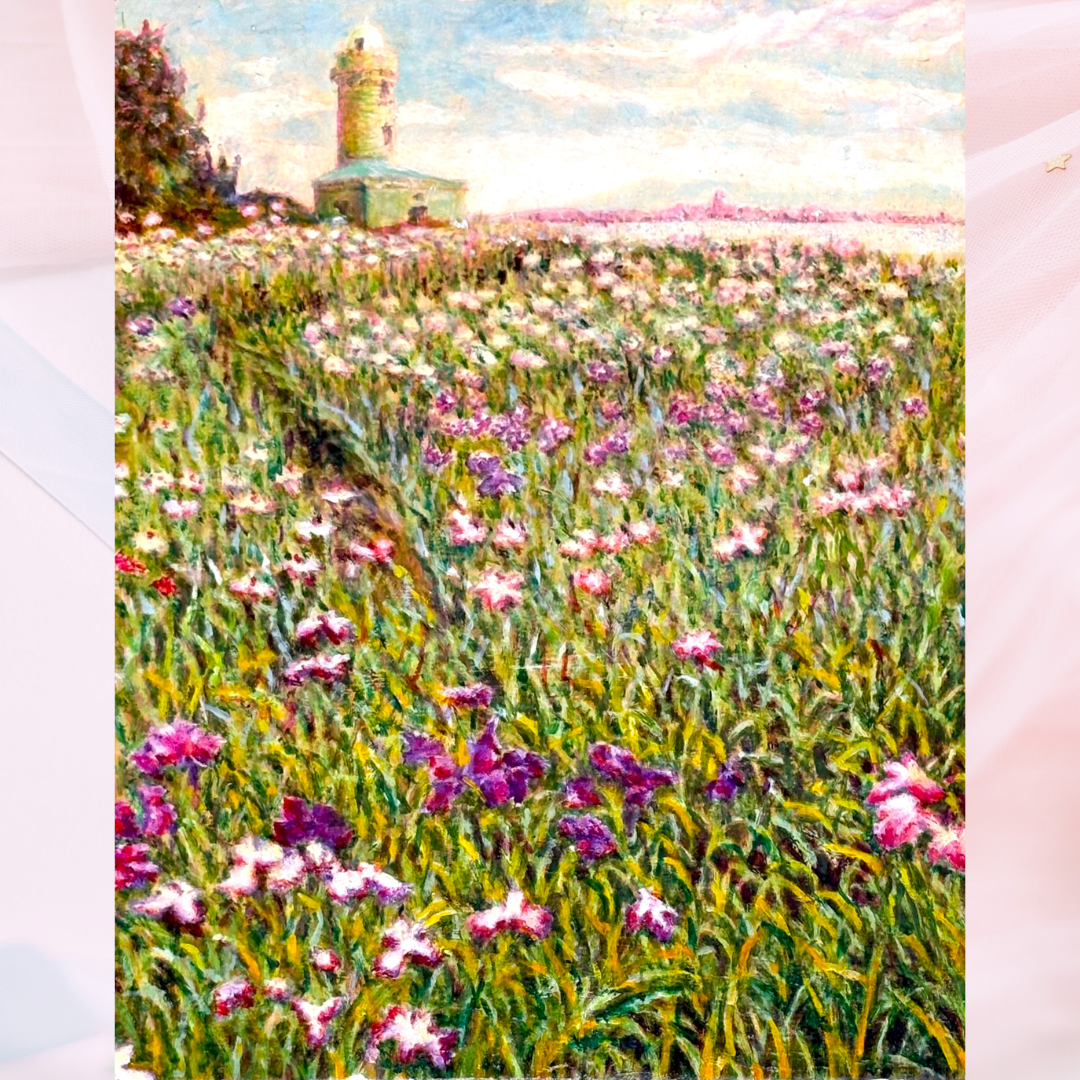 風景画「灯台と花菖蒲」油彩画 F4 額付き by 福家佳則 / Fukei-ART