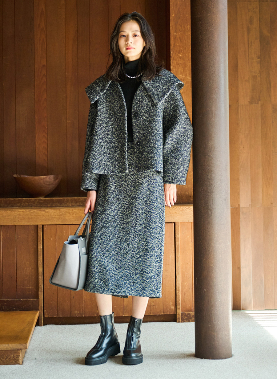 EC限定】ビッグカラーヘリンボンショートコート｜LOUNIE（ルーニィ