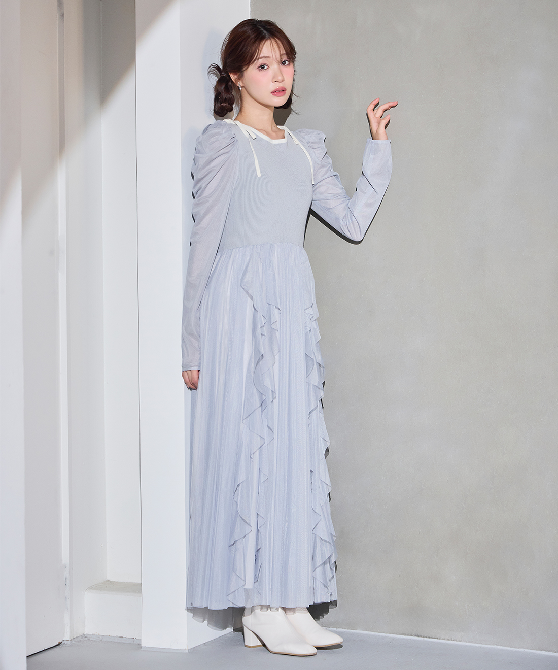 チュールティアードフリルニットドッキングワンピース｜PETAL ONLINE