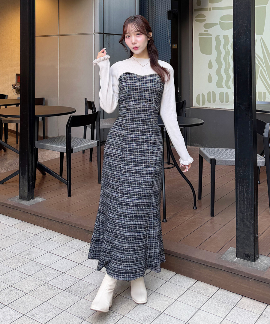 ONLINE限定 低身長サイズあり】ツイードニットドッキングワンピース