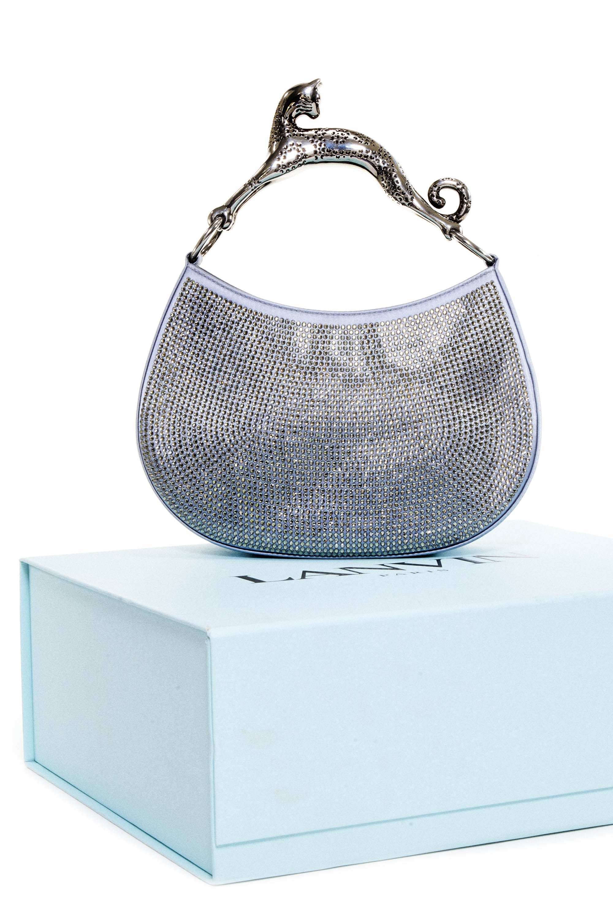 Lanvin Silver Satin Crystal Cat Handled Medium Hobo Purse - Foxy
