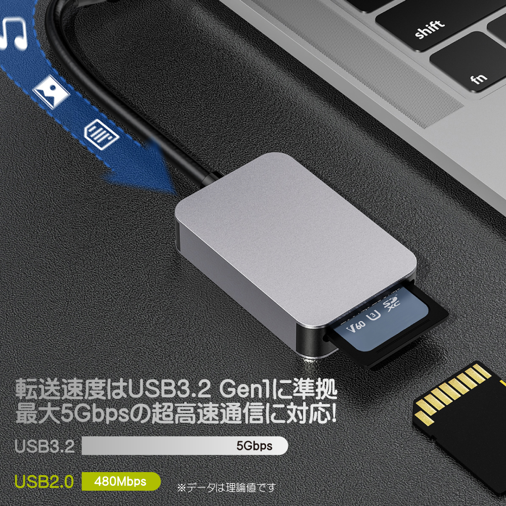 USB3.2 Gen1対応 Type-C接続 SD＋microSDカードリーダー ブラック FCR