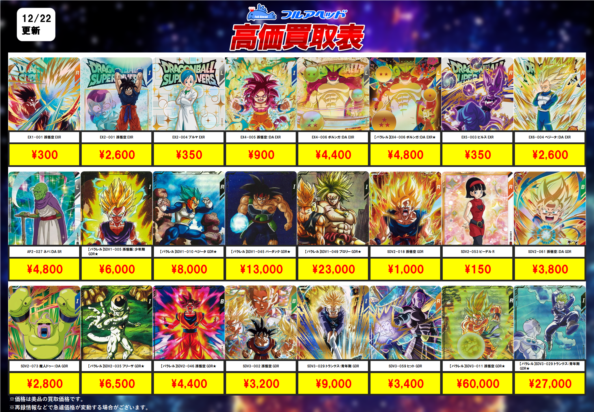 ドラゴンボールダイバーズ】買取表、販売価格の調整を行いました！