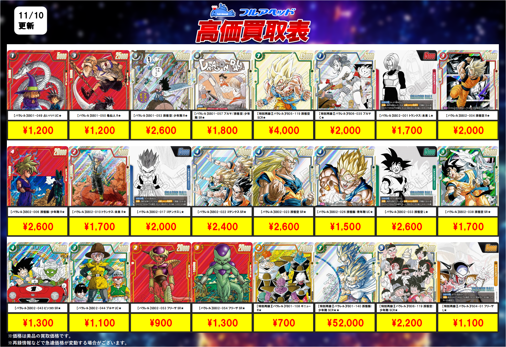 ドラゴンボールフュージョンワールド】買取表、販売価格の調整を行い