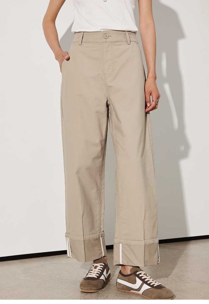 ベージュパンツ 折り返しデザイン ワイドチノパン チノパン|ベージュ