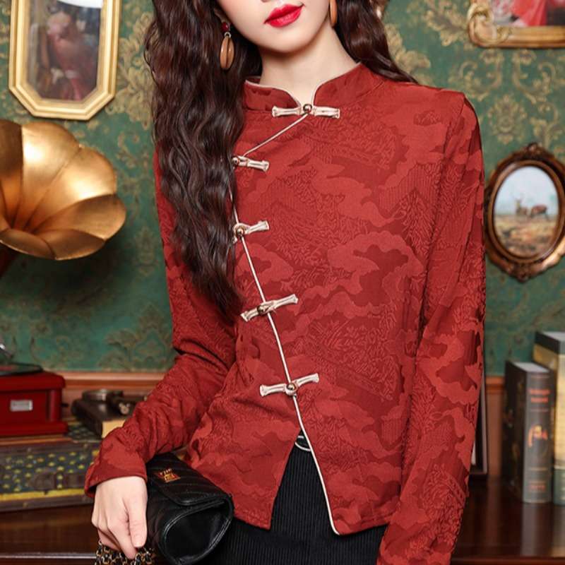 チャイナ服 チャイナ風ボタンデザイン長袖シャツ シャツ|チャイナ服